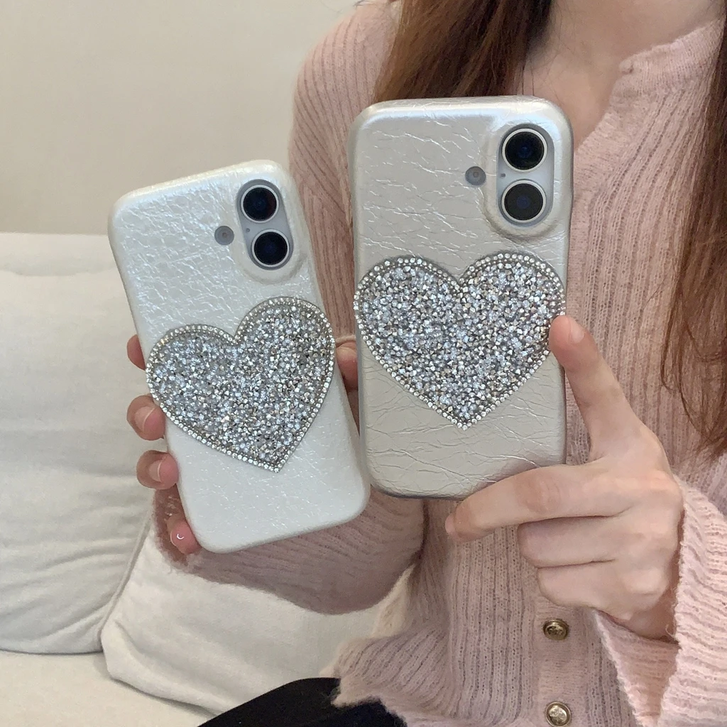 Stylish Stereoscopic Rhinestone Big Love Heart Leather Shockproof Protective Cover Case for iPhone 15 14 13 12 11 Pro Max