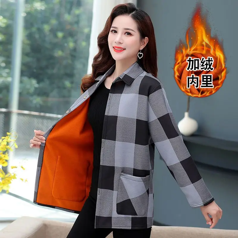 Autumn Winter Thick Office Lady Shirts Casual Turn-down Collar Ladies Long Sleeve Blouses Plaid 2023 New Loose Women\'s Clothing