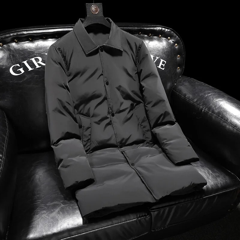 

Busin Gentleman Sle Stand Collar down Jaet Men's Mid-Length Thiened Warm Outerwear Bla Du down White D...