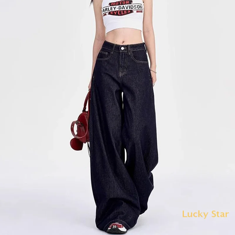 

Dark Blue American Loose Wide-Leg Drape Lazy Casual Mopping Jeans For Women