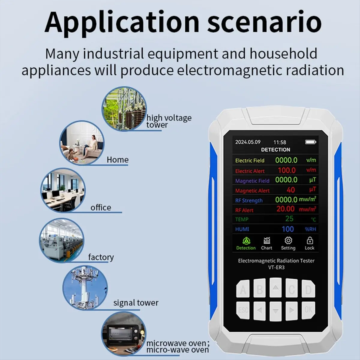 VT-ER3 5-in-1 Electromagnetic Radiation Detector-&Electric Field Testing with Temperature & Humidity Measurement Black-A23U