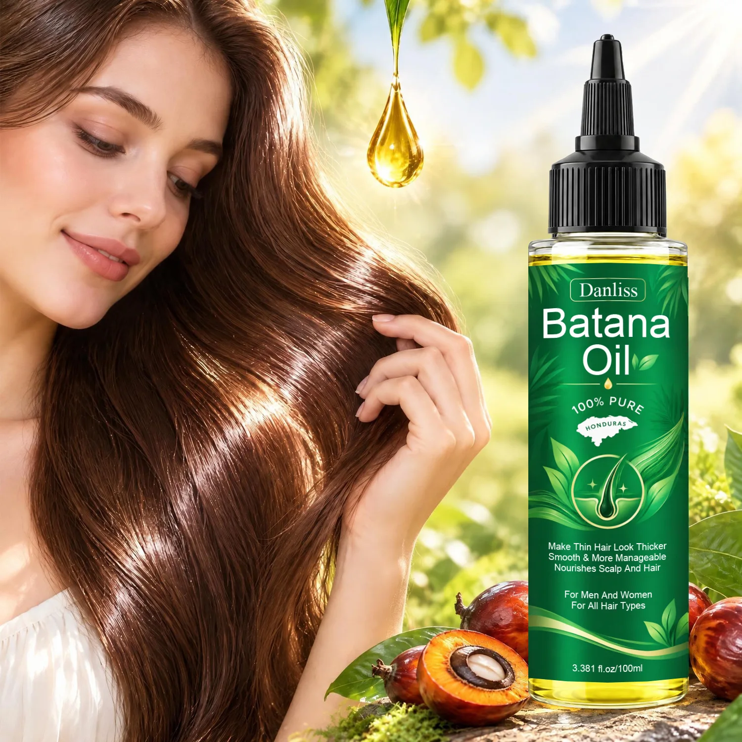 100% Pure Honduras Batana Oil, Natural Hair Growth Oil, Make Thin Hair Look Thicker, Smooth & More Manageable.