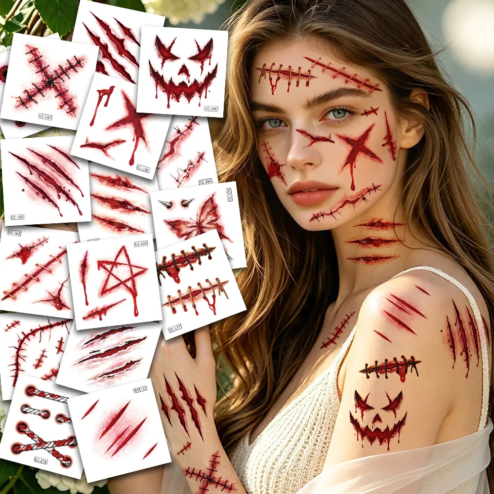 16 Sheets Halloween Realistic 3D Fake Scars Wound Stitch Temporary Tattoos, Halloween Party Favors Decor Masquerade Prank Makeup