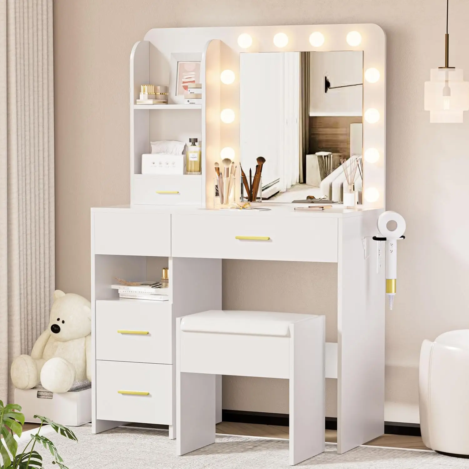 Vanity Desk with LED Lighted Mirror&Power Outlet, 3 Lighting Colors Makeup Vanity Desk with 5 Large Drawers , White