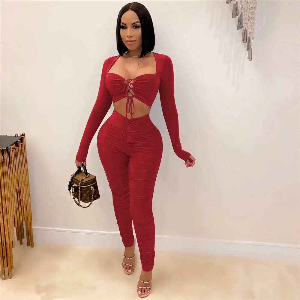 Women Crop Top and Pencil Pants Sexy Club Outfits Matching Set Ruched Bandage Bodycon Two Piece Set Birthday Party Chandal Mujer