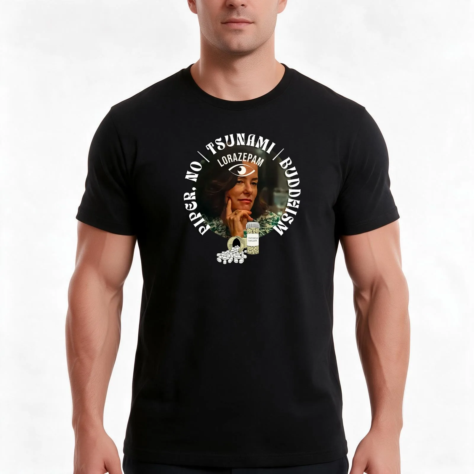 Piper, No! Tsunami Buddhism Lorazepam T-Shirt, Summer Casual Cotton Tee, Oversized Streetwear Tops, Vintage Graphic Print