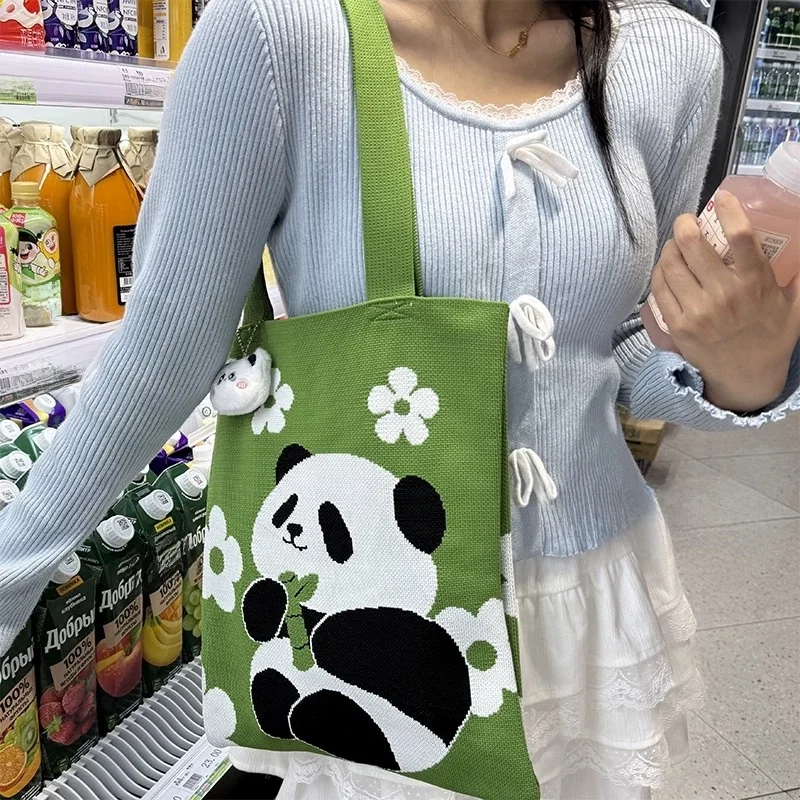 

Large Capaci Knitted Panda oulder Handbag Cute Travel Bag Student Tutoring Bag Chengdu andpa Single oulder Bag Tote Bag