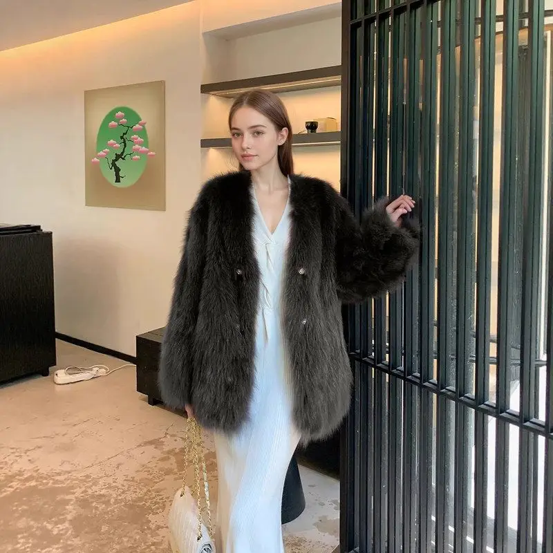 Jaet de pele transfronteiriça feminino ort v-ne inverno outerwear tecido de poliéster briti sle solto ajuste thiened longo sve