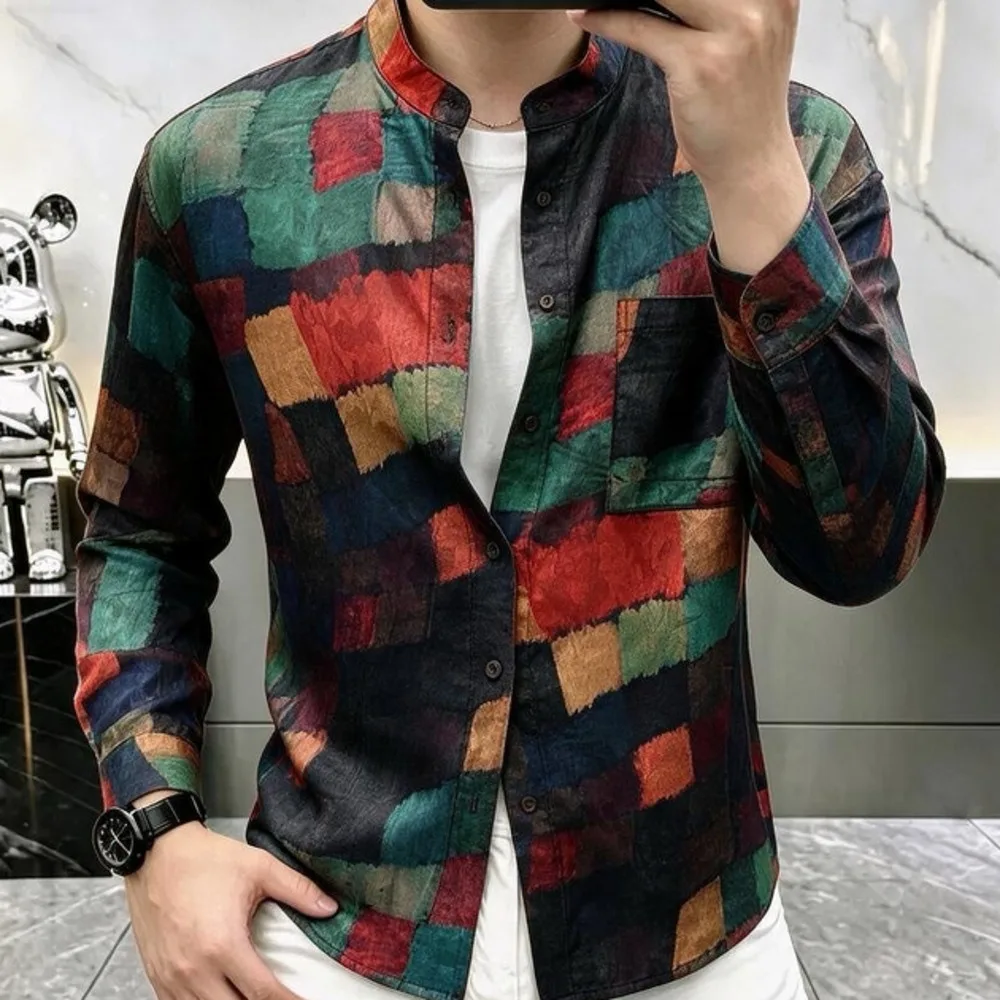 Autumn Trend Elegant Luxurious New Chinese-style Art Print Shirt With Color Block Design And A Stand-up Collar Mens Shirts