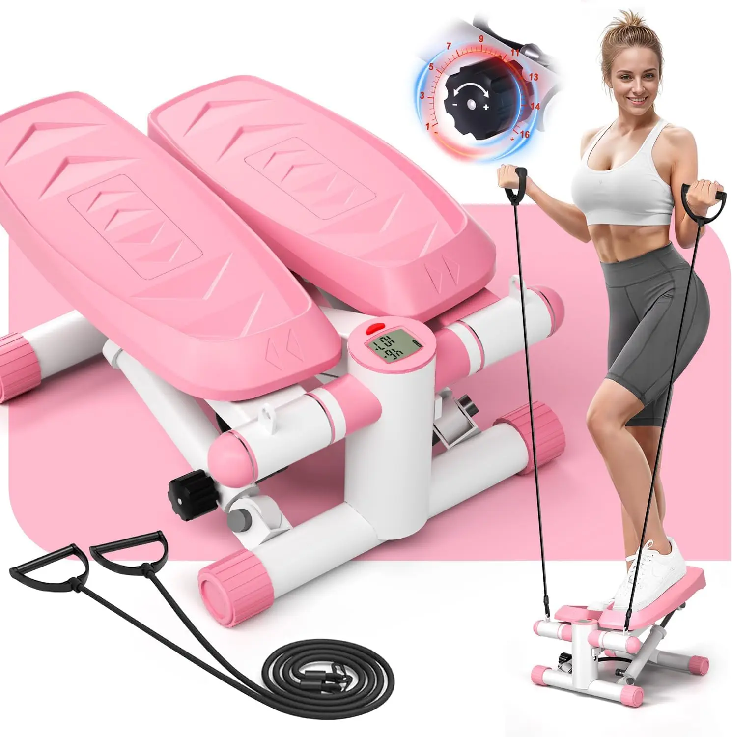 

for Exercise at Home, Adjustable Resistance Stair Steppers for Women with Arm Training Bands, 10DB Super Quiet Mini Ste