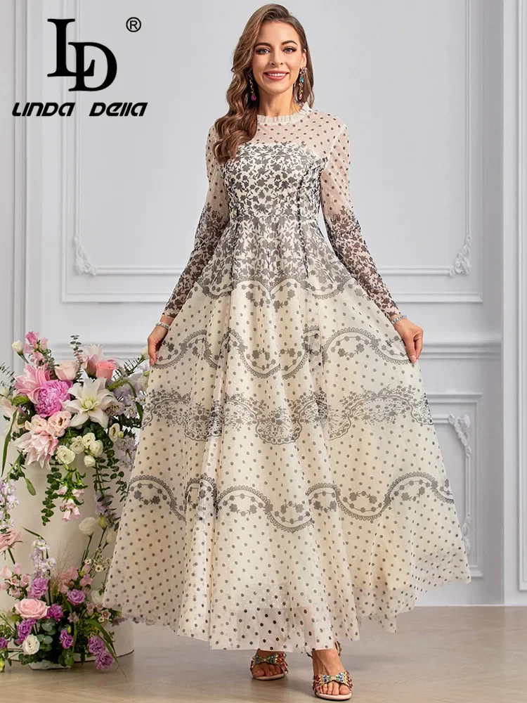 LD LINDA DELLA 2024 Summer Fashion Dress Women Bohemian Polka Dot Floral Print Chiffon Net Yarn Temperament Dresses Sizes S-4XL