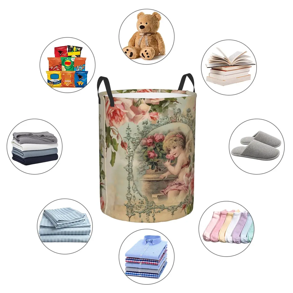 Custom Victorian Angel Vintage Rose Laundry Basket Collapsible Clothing Hamper Toys Organizer Storage Bins