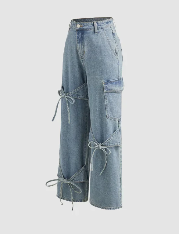 Street Hot Girls Casual Loose Wide-leg Jeans.  Ladies Four Seasons New Fashion Lace-up Bow Design Sense Washed Straight-leg Jean