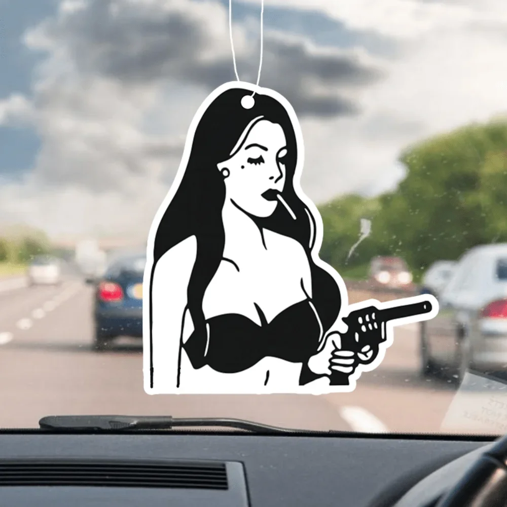 Cintre de parfum de voiture Sexy Gun Lady – Style de charme rétro, suspension de ventilation de miroir, parfum durable