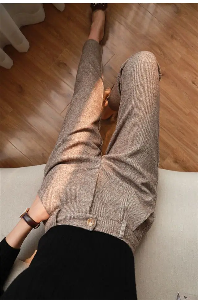 Wool Woolen Harem Trousers Women's Autumn and Winter New High Waist Slimming Ankle-Tied Suit Pants Loose Casual Cigarette Pants