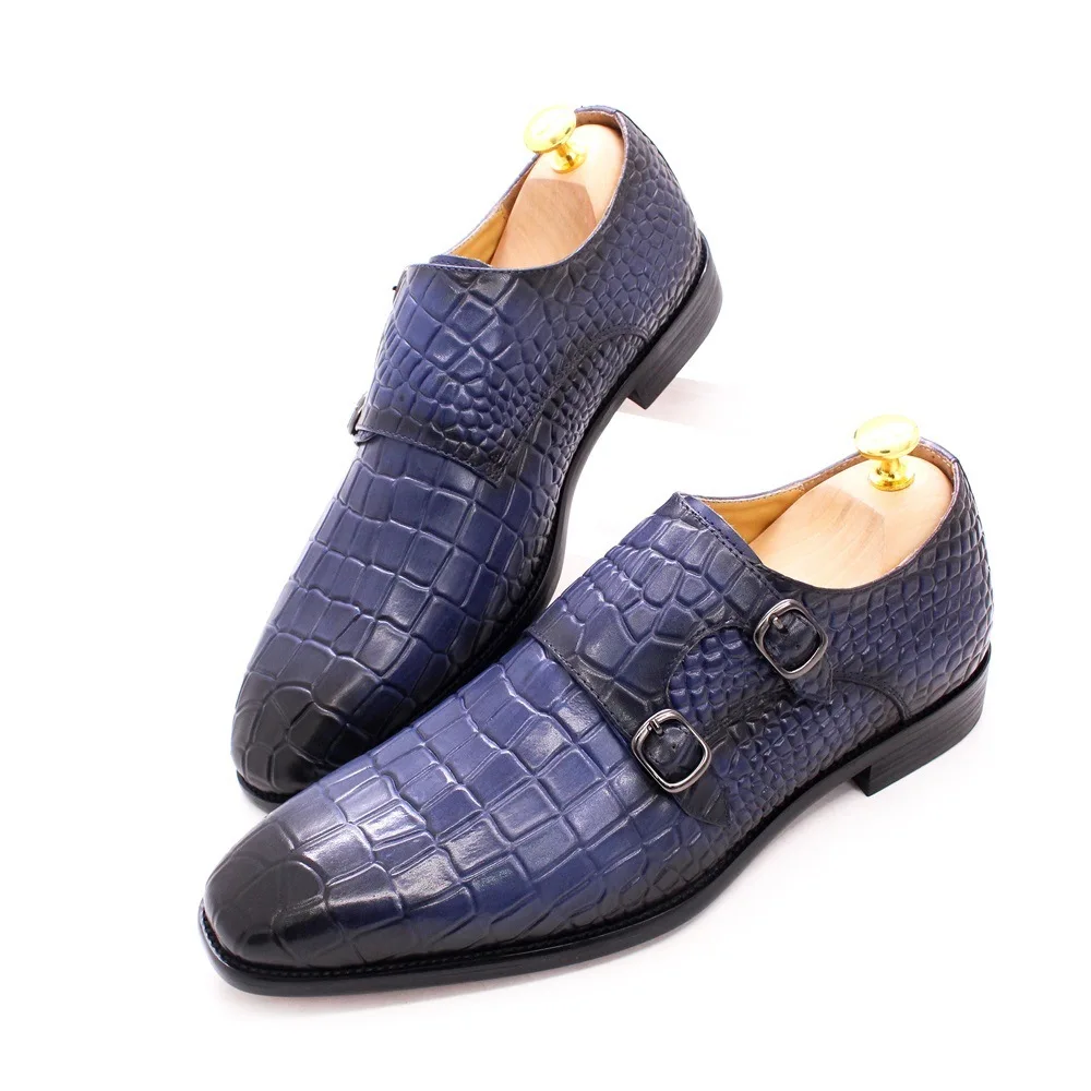 Fashion Italian Handmade Genuine Business Double Button Crocodile Pattern Cover Feet Formal Leather Suede Men Casual Shoes Men's