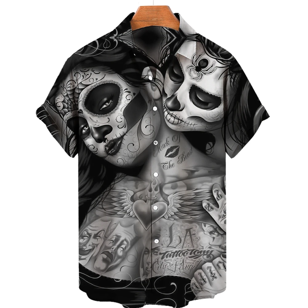 Camisas con estampado de calavera 3d para hombre, camisa hawaiana de una sola fila con cuello cubano, Tops de verano, 5xl, 2022