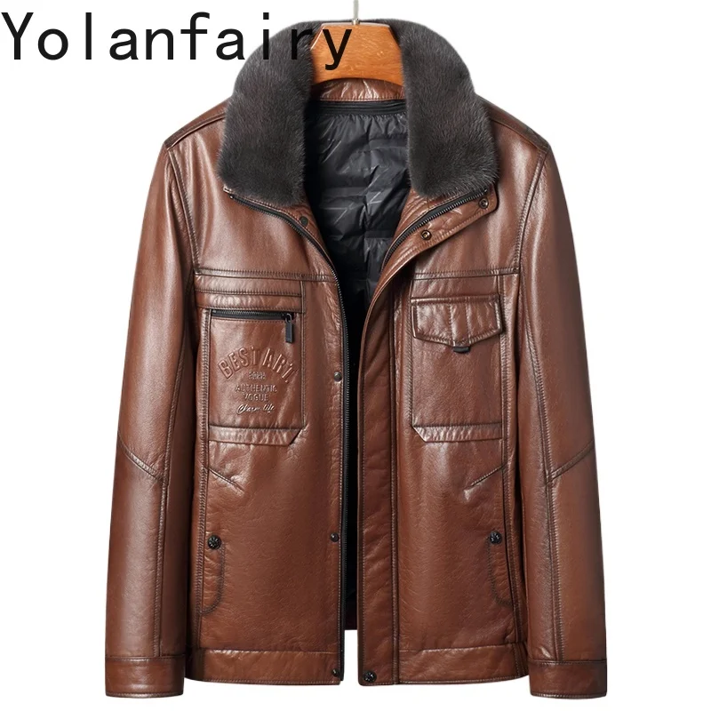 

YOLANFAIRY Genuine Cowhide Leather Down Jacket Man Detachable Down Liner Winter Brown Puffer Coats Mink Fur Collar Short Jackets