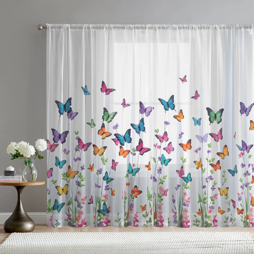 2Pcs Colorful Butterfly And Wild Flower Cluster Print Home Decoration Window Screens Suitable For Coffee Shops, Restaurants