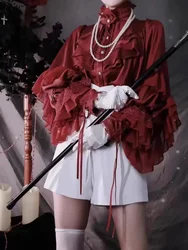 Lolita Gothic Blouse Women Ruffles Lace Patch Batwing Long Sleeved Loose Lolita Top Blusa Red White Black