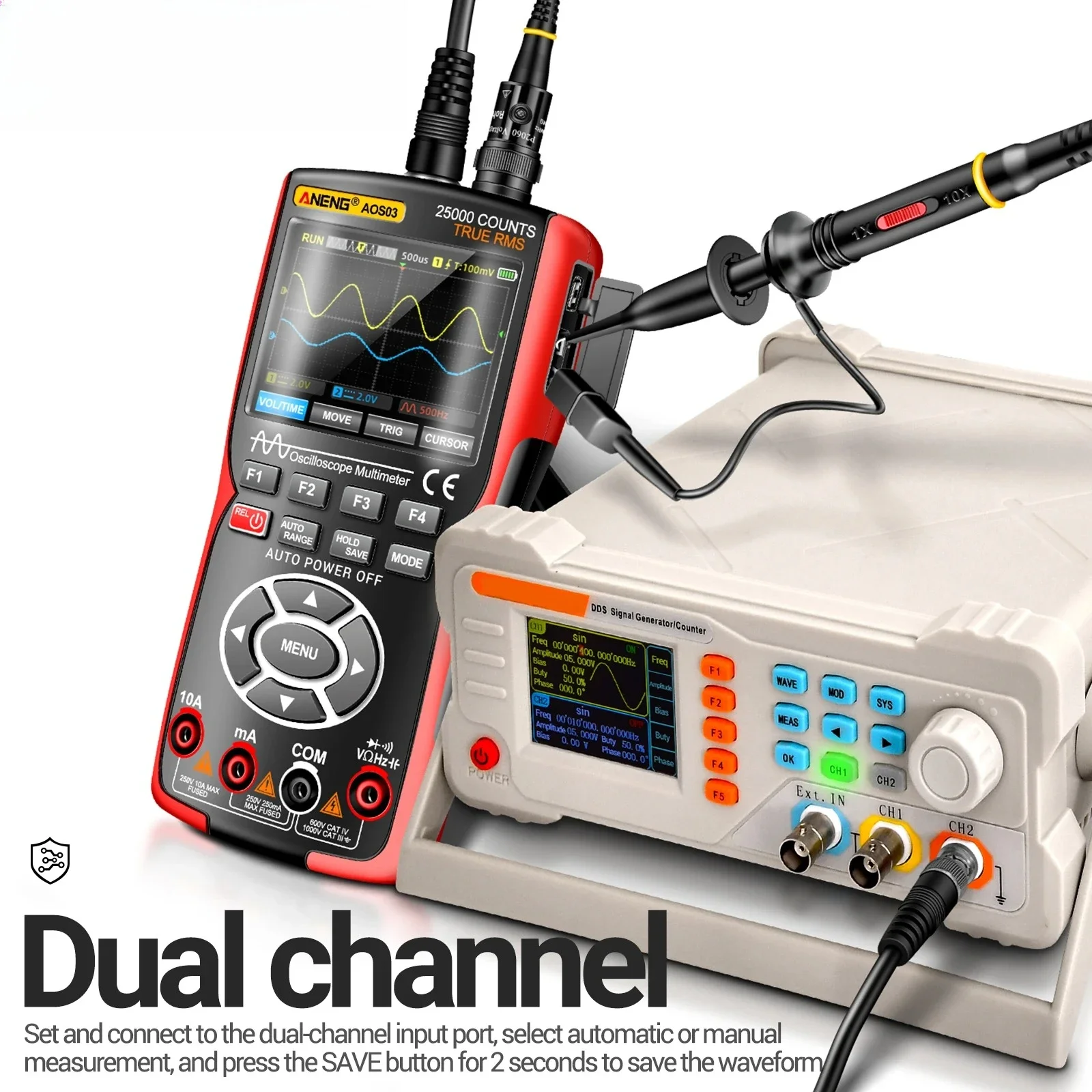AOS03 Oscilloscope Multimeter Signal Generator Waveform Output Handheld Battery  LCD Screen Display Multimeter