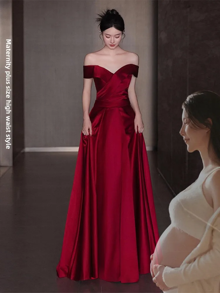 

Red Satin One-oulder Wedding Dr for Brides And Pregnant Women High Waist Ele Long Evening Gown for Wedding Return Ho...
