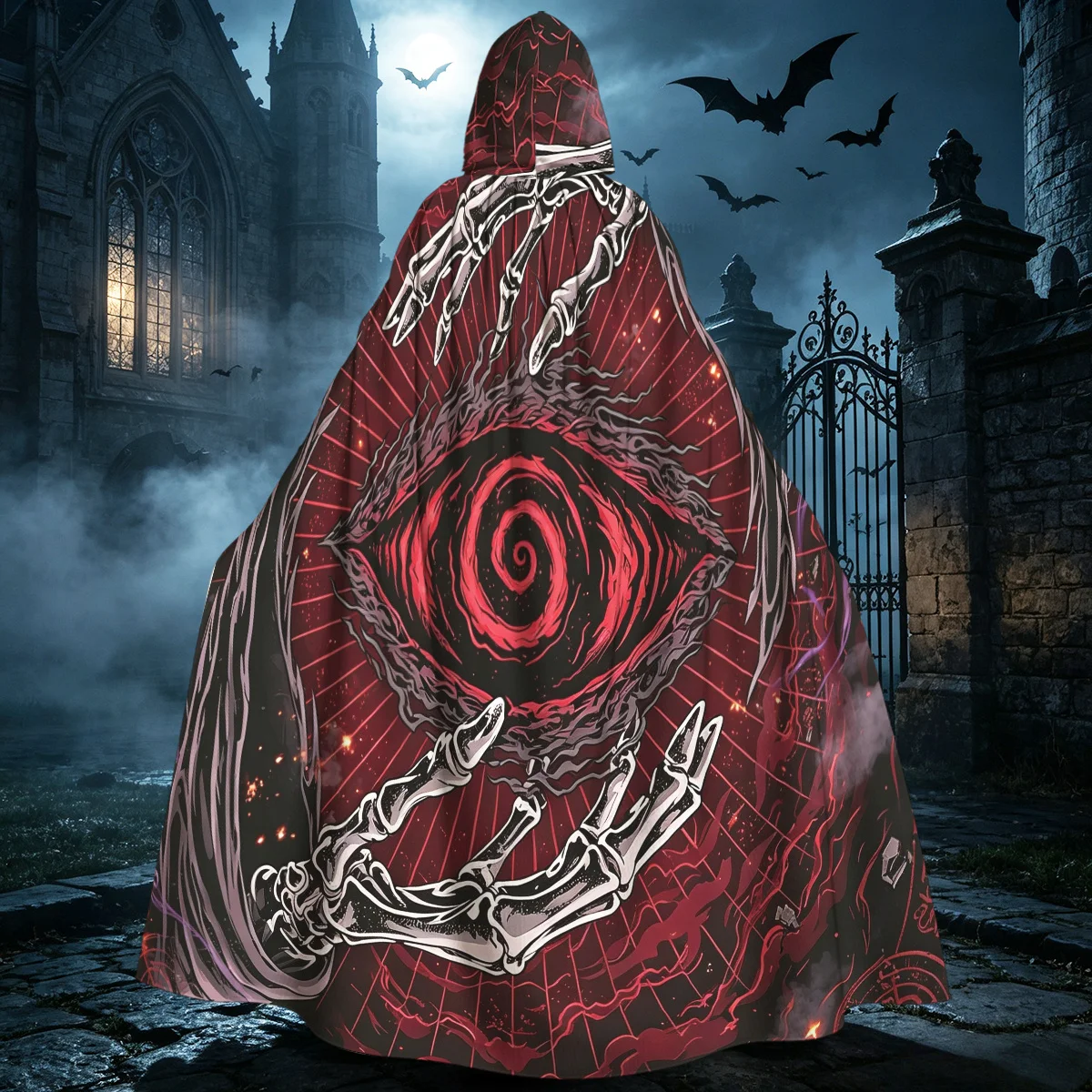 1pc Gothic Hooded Cloak Cape with Skeleton Hands & Red Swirl Evil Eye Occult Robe - Dark Wizard Witch Costume