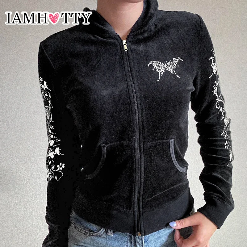 IAMHOTTY Butterfly Graphic Print Zip-up Hoodie Black Vintage Pockets Hooded Sweatshirts Gothic Streetwear Halloween Cardigan y2k