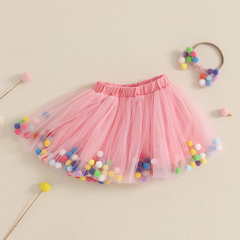 Peutermeisje Mesh Tutu Rok Kleurrijke pluche bal Elastische taille Tule rok Verjaardag A-lijn rok met hoofdband 1-5 jaar