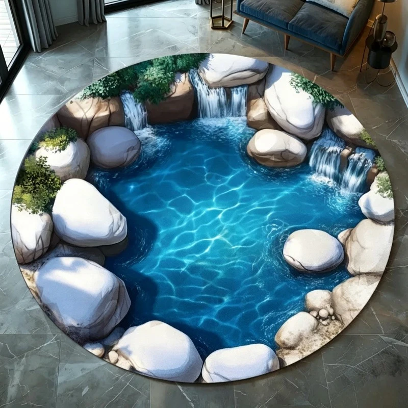 Clear Water Hot Spring Print Round Rug 2D Optical Illusion Non-Slip Carpet Blue Stone Nature Floor Mat for Home Decor