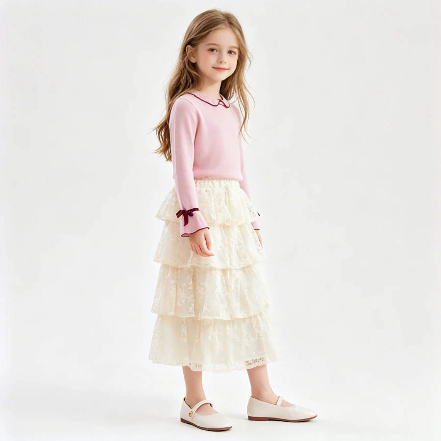 

Кружевная многоярусная юбка макси для девочек, многослойная длинная юбка А-силуэта с эластичной талией и рюшами, юбка принцессы для детей, на день рождения, для повседневной носки