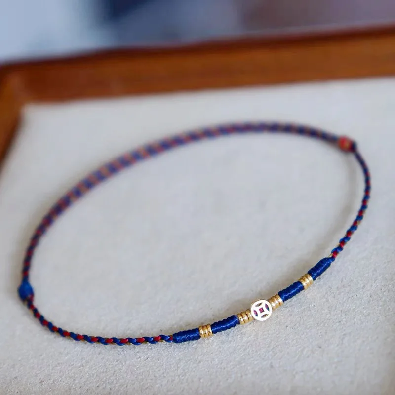 Copper Coin Woven Bracelet Red Blue Color Matching Adjustable Transfer Lucky Beads Ancient Style Extremely Thin Couple Bracelet