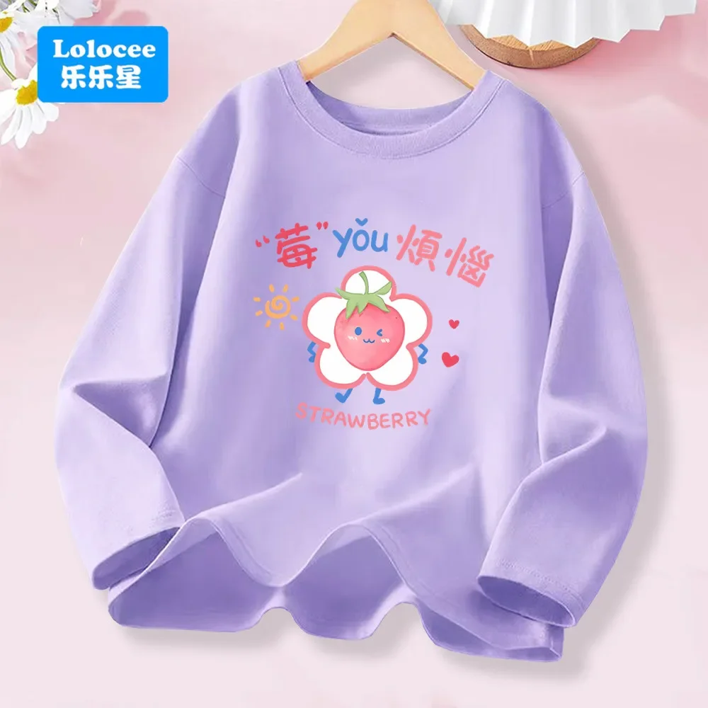 Lila Langarm-T-Shirt für Kinder mit Cartoon-Erdbeere und chinesischem Phrasen-Design, modische Baumwoll-Tops, Frühling und Herbst, neu