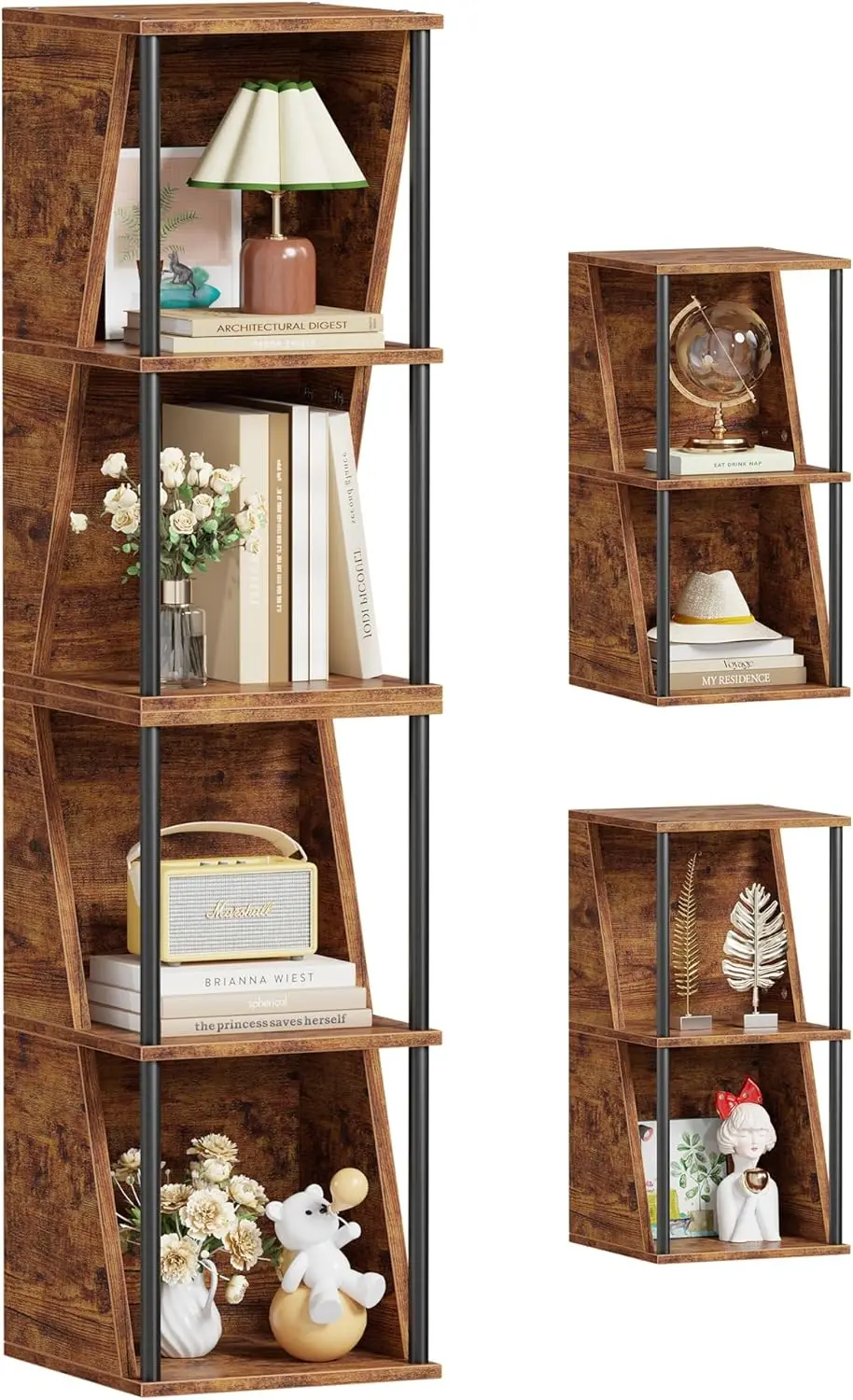 5 Tier Bookshelf, Small 3 Tier Bookcase Set of 2, Tall Narrow Display Standing Shelf