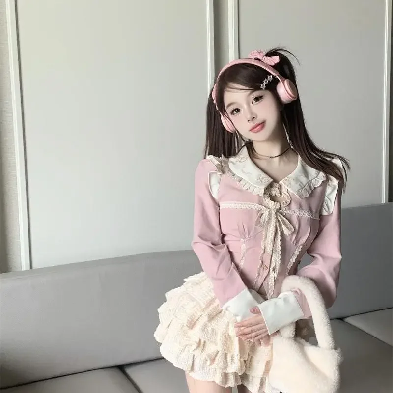 Süßes 2-teiliges Rock-Set für Damen, lässige Langarmbluse + Kawaii-Ballkleider im japanischen Stil, Abendparty, Lolita-Anzug, Herbst 2025, Herbst