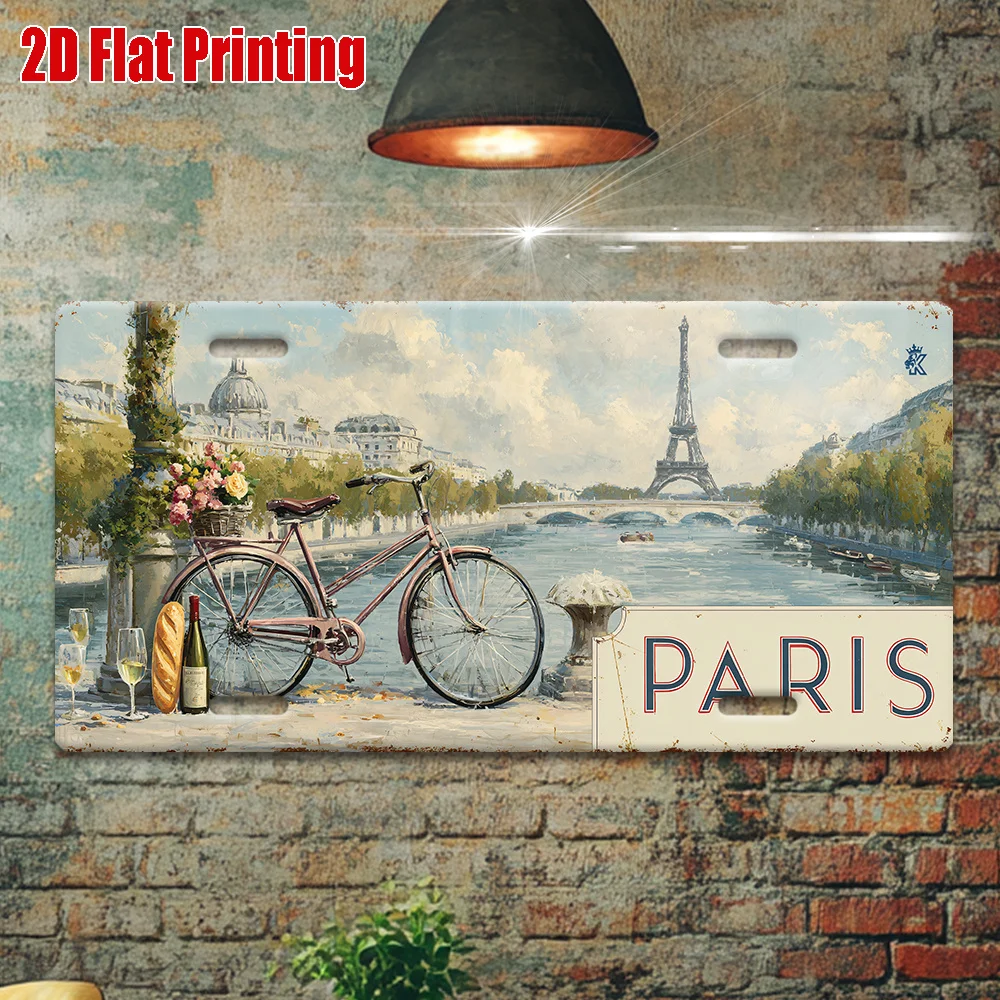 Paris Metal License Plate Wall Art - 11, 8x5, 9 Inch Aluminum Sign with Eiffel Tower & Bicycle Scene, Rustic Outdoor Decor for H