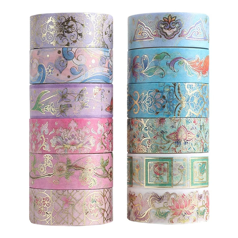 Set di nastri Washi con fiori in lamina d'oro, carta con nastro Washi floreale per diario, arti e artigianato fai-da-te