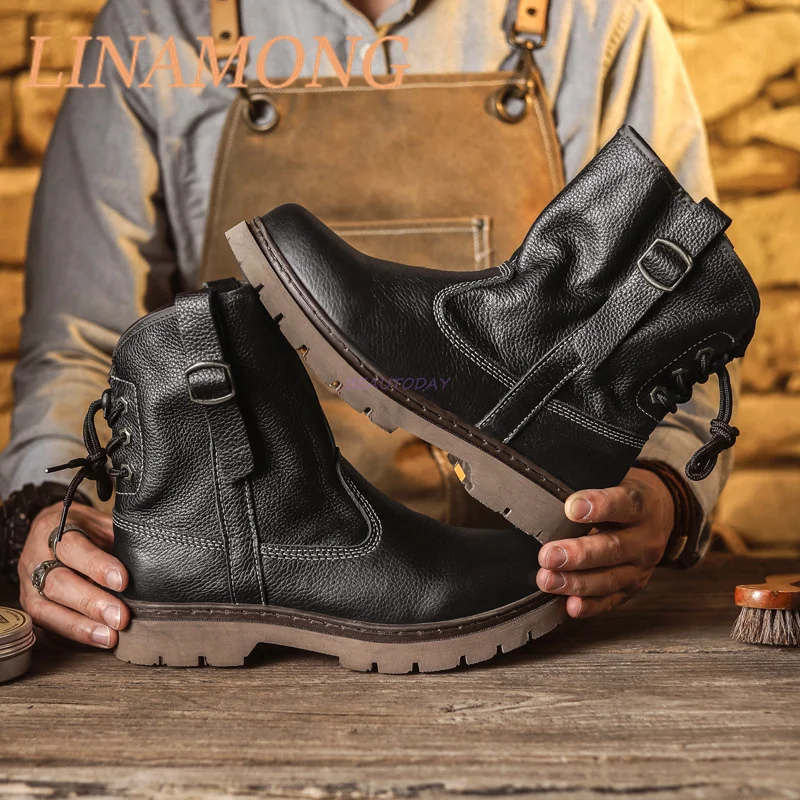 

Cowhide High Top Workwear Boots Fashionable Couple Denim Short Boots Retro Breathable Back Strap Design Black Knight Boots