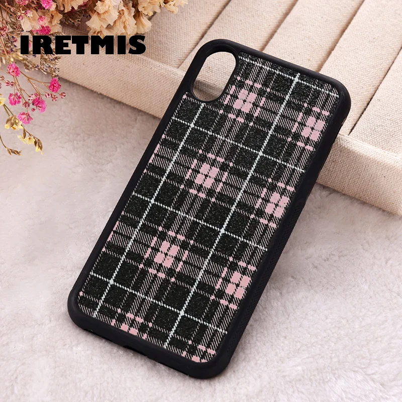 Iretmis Phone Cover Case For iPhone X XS Max XR 11 12 13 PRO MINI 14 15 16 Plus Rubber Silicone Pink Tartan