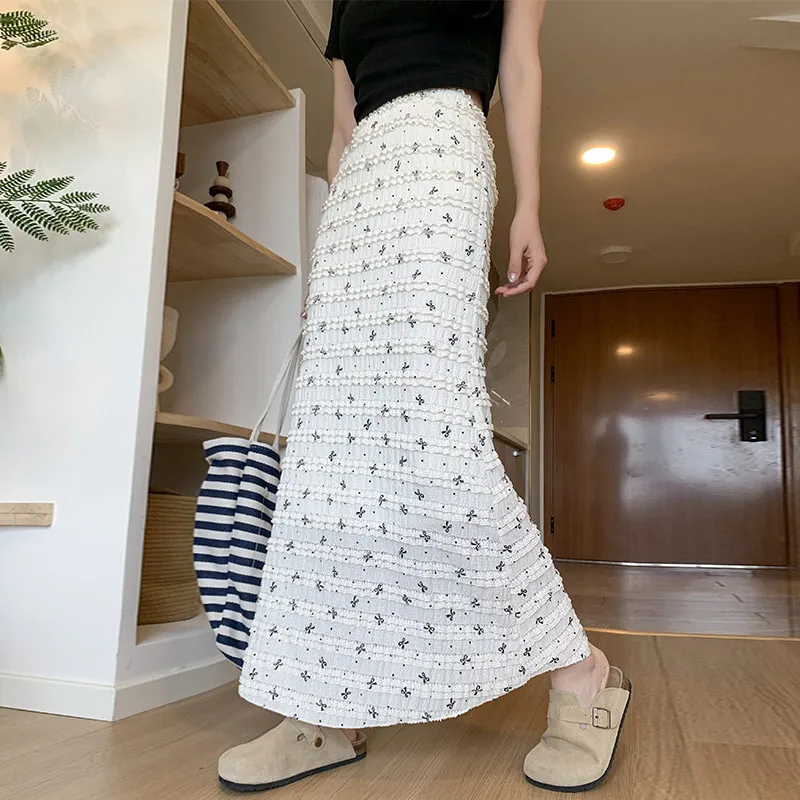 Floral Butterfly Bowknot A-Line Fish Tail Skirt Women's High Waist Slim Fit Spring Summer New Style Polyester Midi Skirt