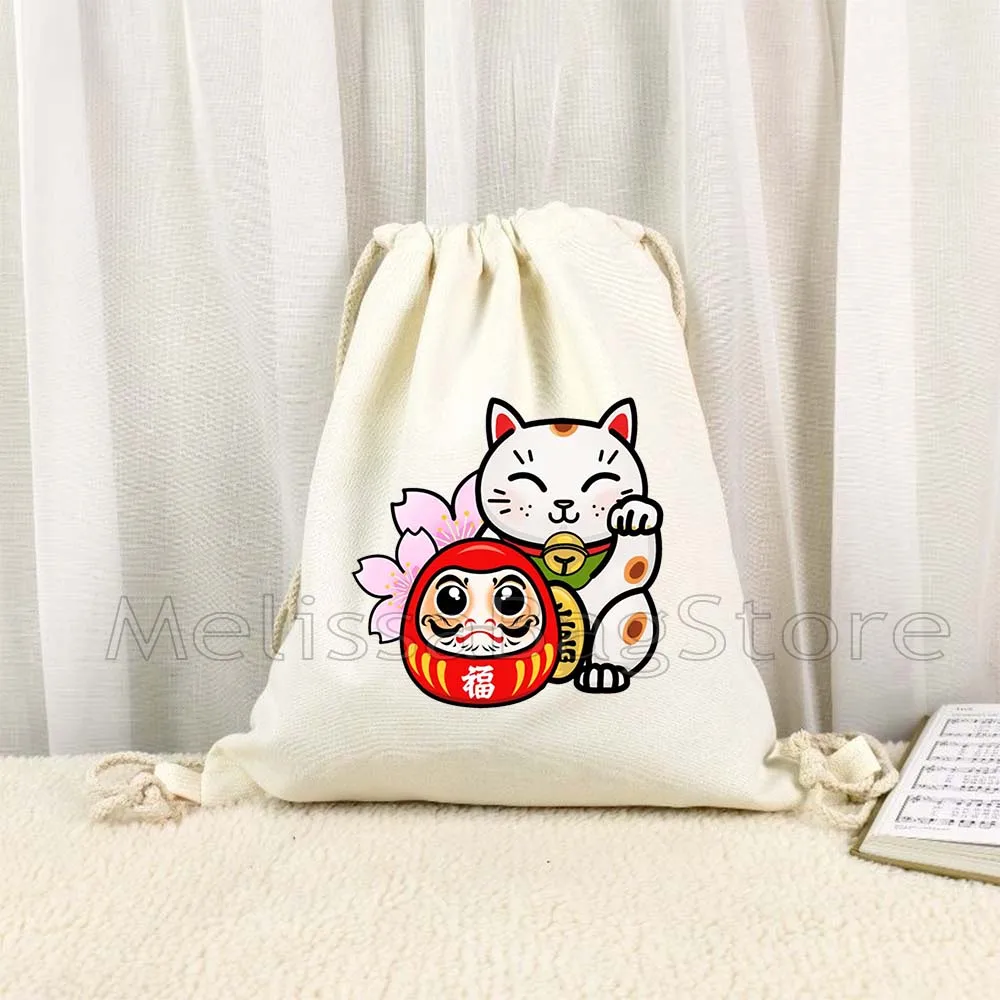 TOKYO Maneki Neko Cute Japanese Lucky Cat Mount Fuji Janpan Style Print Canvas Drawstring Bags Soccer Backpack Gym Yoga Sackpack
