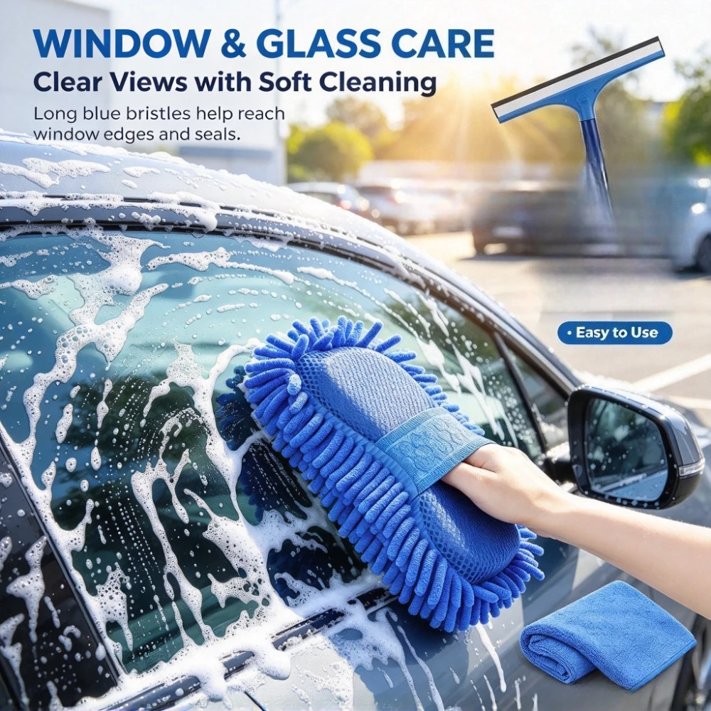1pc Blue Microfiber Window Cleaning Mitt Long Bristle Car Wash Glove Soft Scratch-Free Glass Scrubber for Auto Detailing Shower Doors Home Windows & Household Cleaning