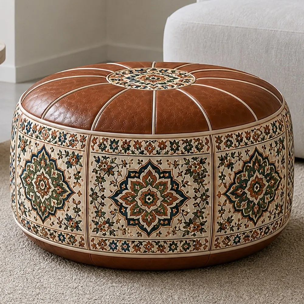 Boho Pattern PU Leather Storage Ottoman Pouf Fillable Footstool with Large Opening Water Resistant for Living Room Decor