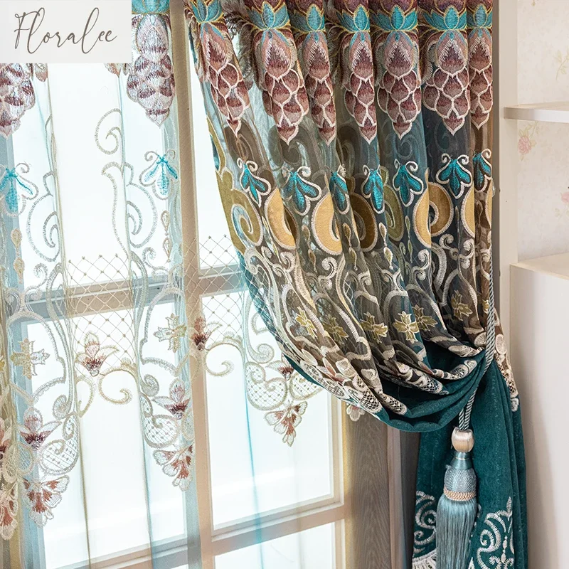 Embroidery Dark Green High-end Chenille Luxury European Retro Curtains For Living Room Bedroom Dining Study Custom Size Decor