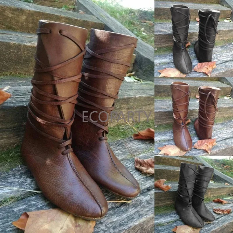 Europa En Amerika Middeleeuwse Viking Cosplay Schoenen Renaissance Knight Pu Schoenen Voor Vrouwen Voor Mannen Laarzen Kant-up Martin Laarzen