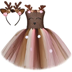 Christmas Deer Costumes for Baby Girls Flowers Reindeer Tutu Dress with Bow Kids Elf Xmas Party Outfit New Year Carnival Clothes