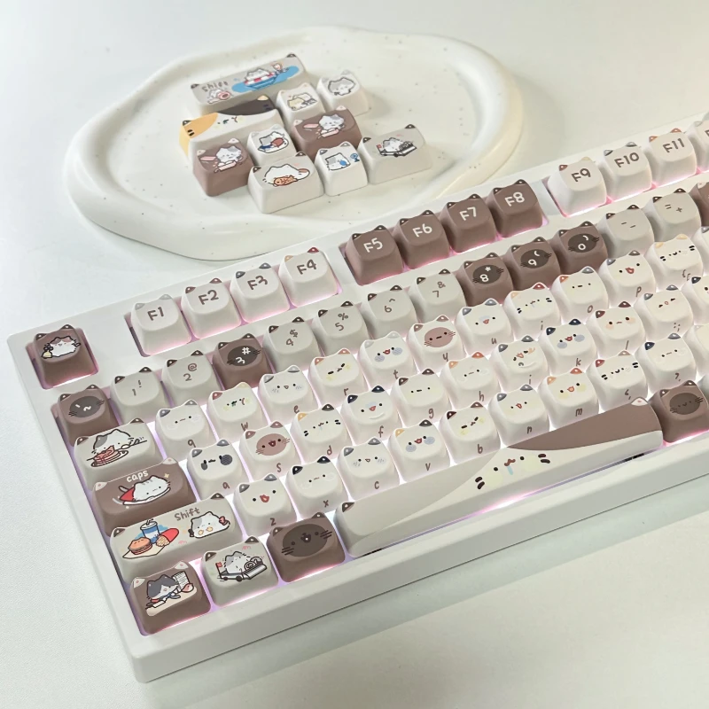 ECHOME Mocha Cat Cafe Theme Keycap Set PBT Dye-sublimation Cute Cat Ear Keyboard Cap MAO Profile Key Cap for Mechanical Keyboard