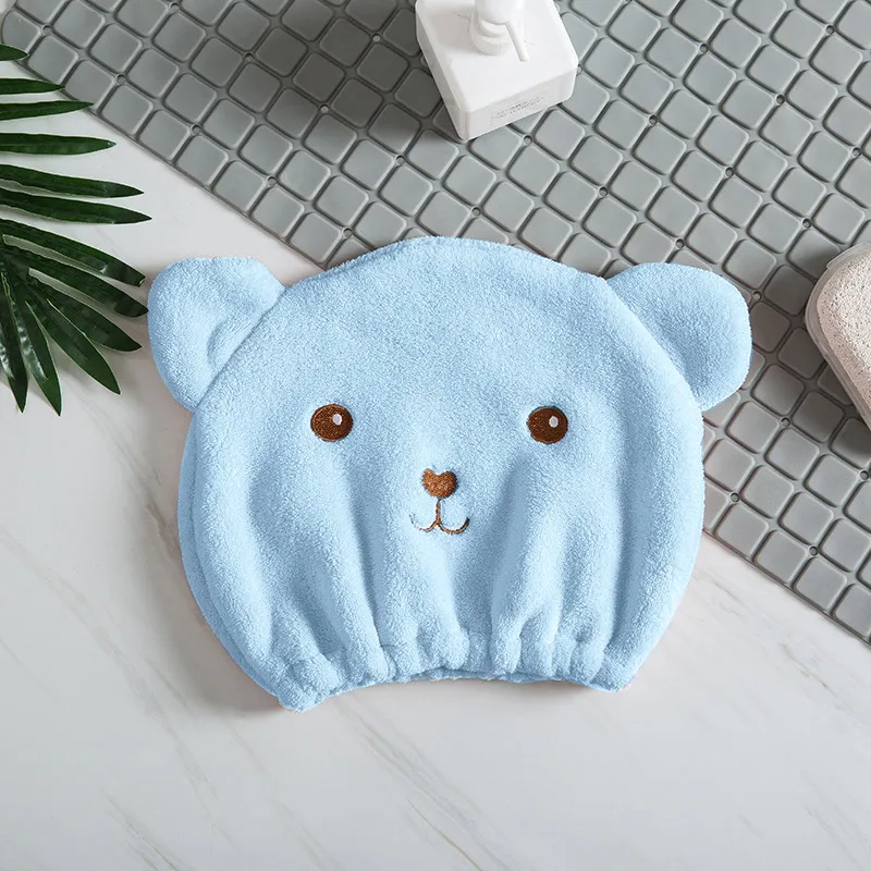 Cute Bear Dry Hair Cap Women Quick Drying Absorbent Thick Microfiber Head Towel Cartoon Thickening Embroidered Shower Cap Towel