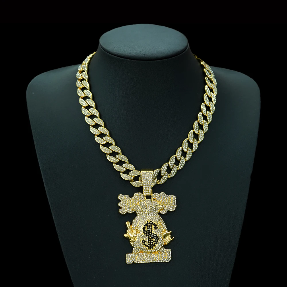 2024 New style Iced out 15mm big cuban chain punk alloy and full bling rhinestone cartoon money bag pendant necklace