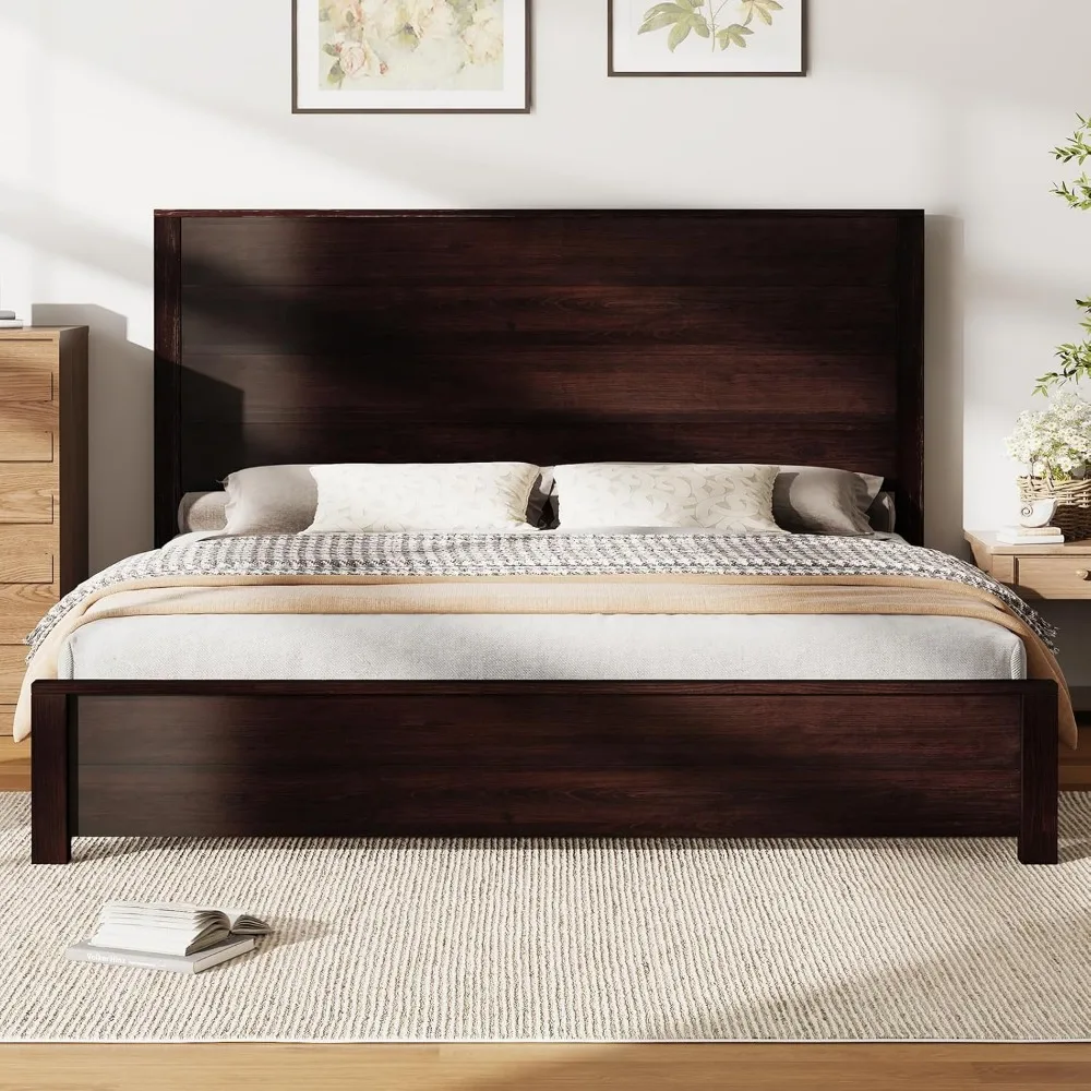 

AMERLIFE King Size 51.2" Wood Bed Frame, Rustic Platform Bed with Spliced Headboard, Wood Slats Support/Noiseless/Dark Brown/No